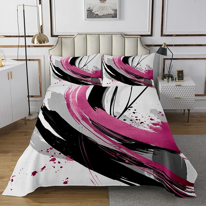 Erosebridal Black and Purple Pink Quilt Set Queen - Modern Geometric Decorative Coverlet Set Striped Bedspreads for Boys Girls Minimalists Watercolor Graffiti Lines Bedding Sets