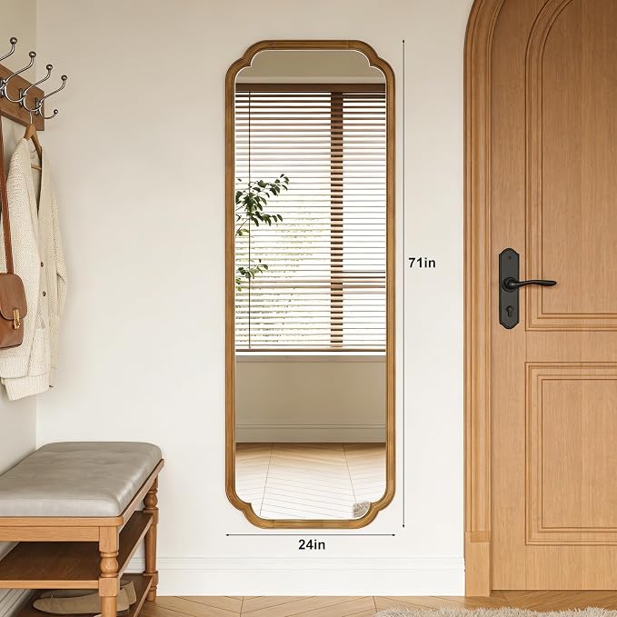 HOMECOOKIN Full Length Mirror Wall Mounted, Rustic Wooden Frame Floor Mirror, Rounded Corner Large Full Body Mirror for Bedroom,Dressing Room， Leaning or Hanging Against Wall (Natural, 71" L x 24" W)