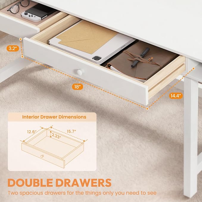 Double-Top Solid Wood Desk - 60-Inch Mid-Century Modern Writing Table with Drawers for Home Office, Study, and Creation, Rubberwood Computer Desk in White