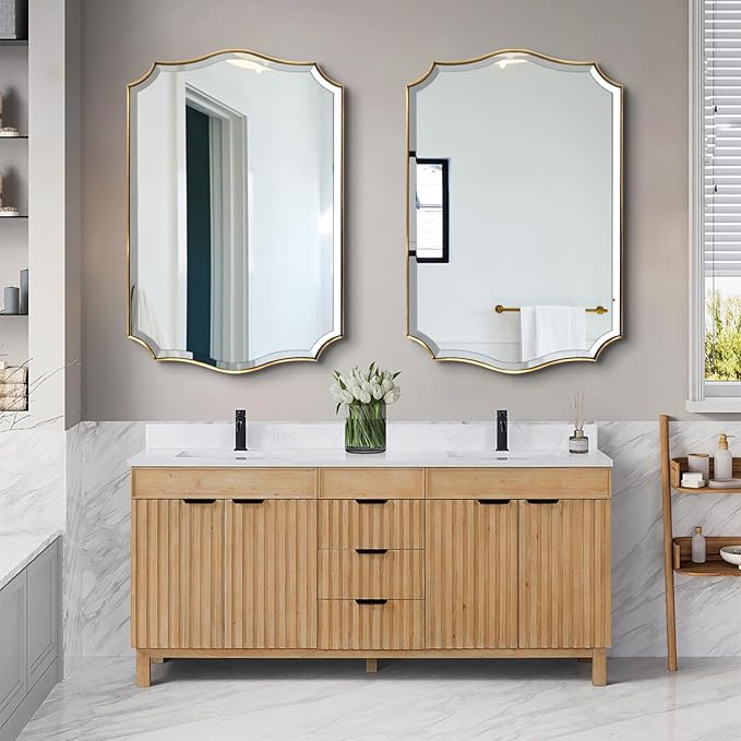 POZINO Brushed Modern Bathroom Mirror, 24"x36" Gold Scalloped Beveled Mirror for Wall, Brass Rectangle Wavy Vanity Mirrors, Irregular Shaped Mirror for Living Room Bedroom Fireplace Entryway