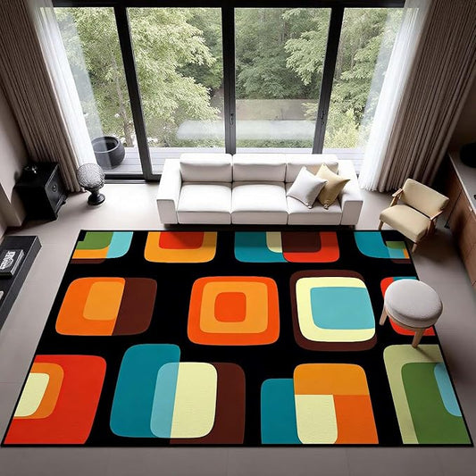 Mid Century Modern Rug, Colorful Abstract Geometric Area Rug, Retro Atomic Starburst Rugs, Washable Non-Slip Soft Low Pile 1950s Carpet for Living Room, Bedroom (9' x 14'(Rectangular))
