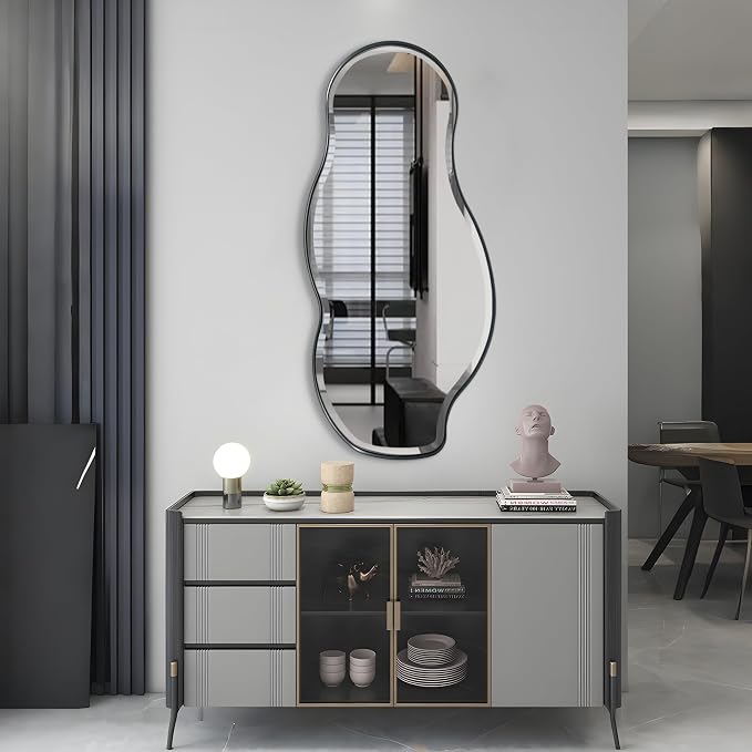 POZINO Irregular Beveled Mirror, 40"x18" Asymmetrical Vanity Wall Mirror with Black Metal Frame, Organic Shape Mirrors for Entryway Bedroom Bathroom Living Room, Horizontal/Vertical Hanging
