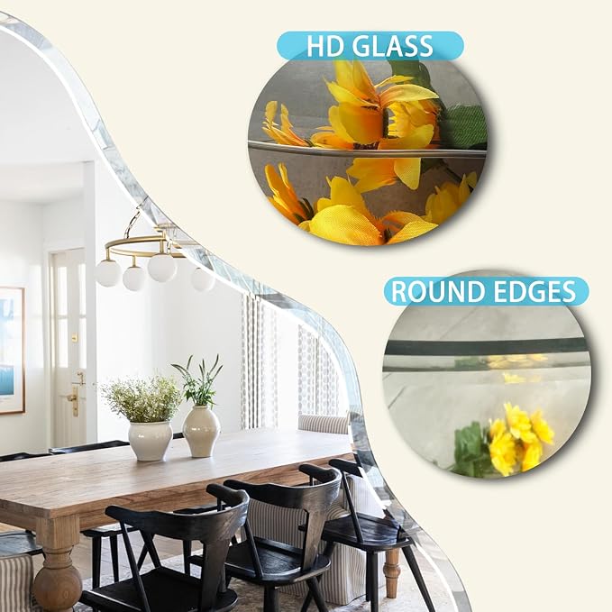 36 x 24 Beveled Edge Frameless Wall Mirror, Modern Asymmetrical Cloud Shape with a Wavy Irregular Design for Bathroom, Entryway, Bedroom, Living Room