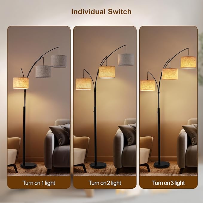 Floor Lamps for Living Room, 2400LM Super Bright Arc Floor Lamp with Remote Control, 3 Light Tall Floor Lamps with Stepless Dimmable, 80" Mid Century Tree Floor Lamp for Bedroom, Office
