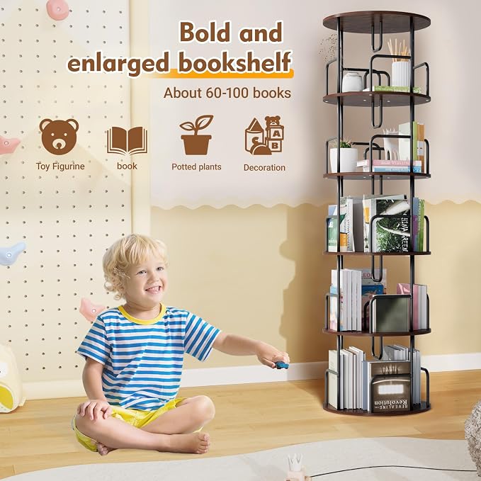 YZU Rotating Bookshelf 5 Tier 360 ° Display Spinning Bookshelf Tower, Revolving Bookcase Narrow Space Saving Swivel Book Shelf Corner Storage Organizer for Bedroom, Living Room Corner, Office (Brown)