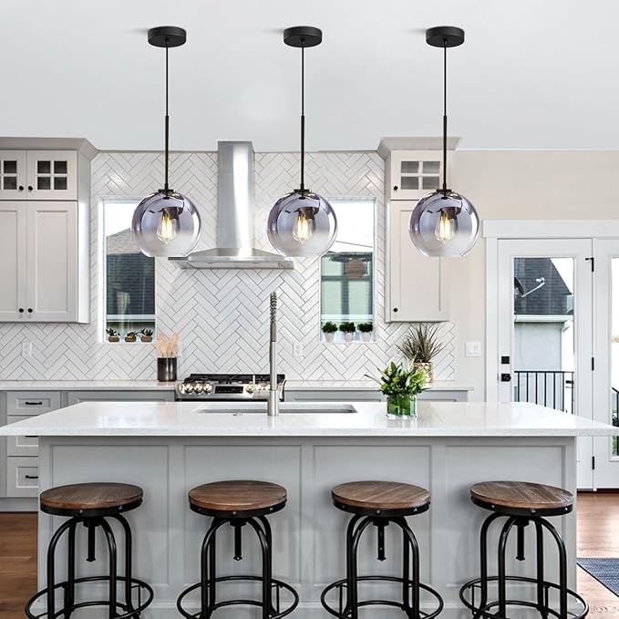 KCO Lighting Mercury Glass Pendant Light Fixtures Mid Century Modern Silver Kitchen Island Pendant Lights Ceiling Hanging Black Large Globe Pendant Light for Living Room Dining Room