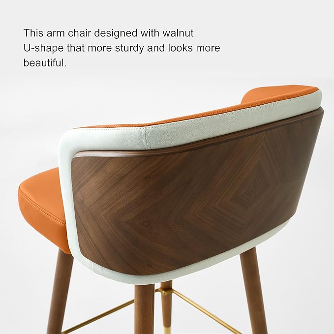 ARTPLAN Mid Century Modern Bar Stools Set of 4 for Counter Height - Leather Upholstered Seat with Walnut Wood Frame, Retro 34 Inch Bar Chairs for Home Kitchen Island, Bar, Breakfast Nook,Dark Orange