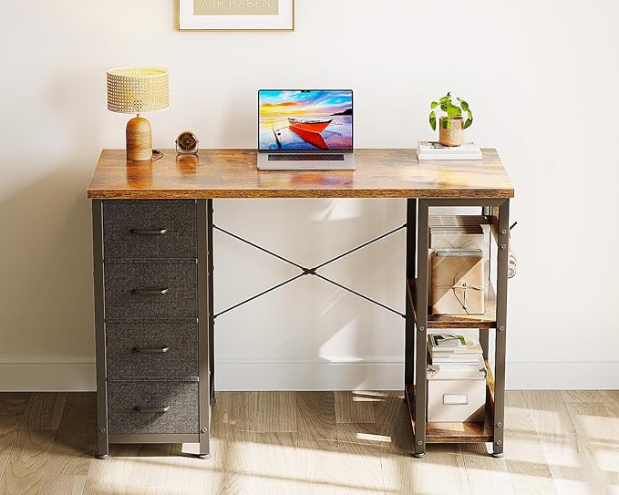 ODK 40 Inch Small Computer Desk with 4 Fabric Drawers, Modern Writing PC Desk for Small Spaces, Study & Home Office Desk with Storage Shelves, Vintage
