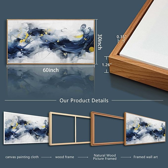 hyidecorart Wood Framed Wall Art For Living Room Large Size Wall Decor For Office Bedroom Wall Decorations Pictures Artwork Blue Abstract Ink Paintings Canvas Art Prints Ready To Hang Home Decor