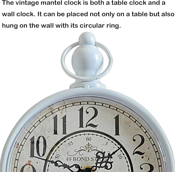 HZDHCLH Vintage Table Clock Battery Operated,Retro Mantel Clock for Living Room Fireplace Decor,Silent Metal Desk Clock,Farmhouse Shelf Clock (White)