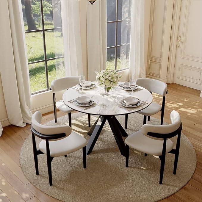 POVISON Modern Extendable Dining Table, 47" to 63" Round to Oval Sintered Stone Kitchen Table with Carbon Steel Pedestal Base for 4-6, White with Black(Table Only