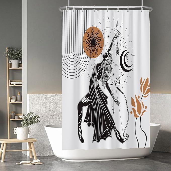 Baocicco Boho Shower Curtain Sun Moon Women Bow and Arrow Plants Modern Geometric Shower Curtains Decorative for Bathroom Waterproof Fabric Shower Curtain with Hooks 48x72 Inches