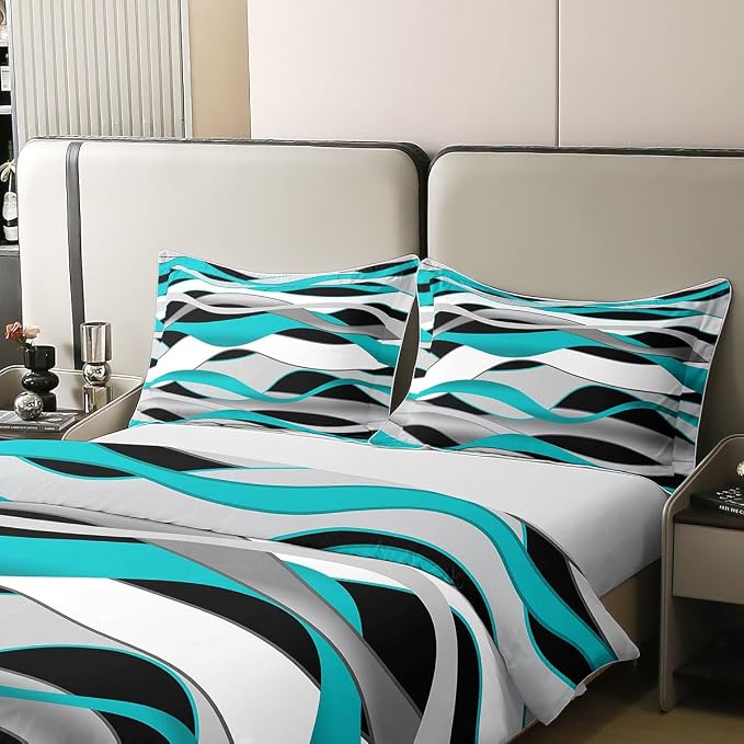 Erosebridal Teal Geometric Lines 100% Cotton Duvet Cover King Turquoise Striped Bedding Set for Kids Teens Adults Waves Aesthetics Stripes Comforter Cover Minimalist Art Bed Set 3 Pcs
