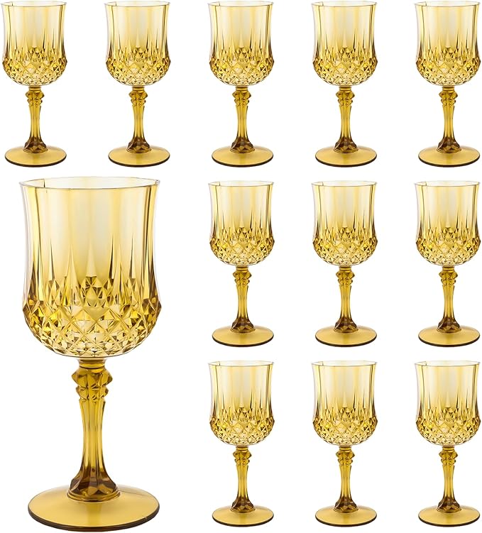 Plastic Wine Glasses, Plastic Goblets Vintage Style Cordial Drinking Glasses for Valentine’s Day, Wedding Reception, Grand Event Party Supplies (12, Gold)
