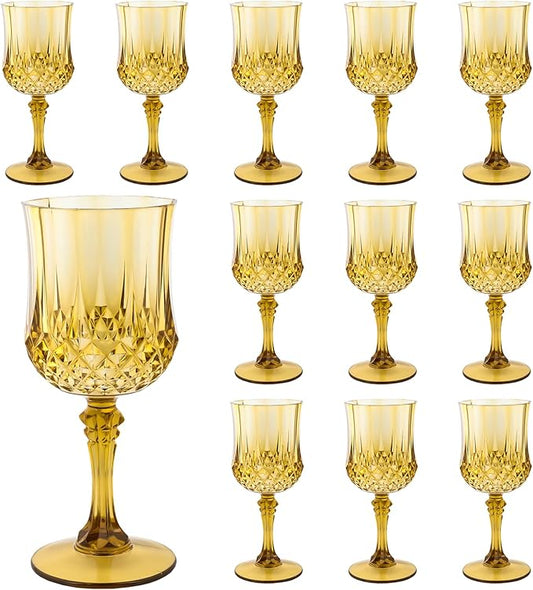 Plastic Wine Glasses, Plastic Goblets Vintage Style Cordial Drinking Glasses for Valentine’s Day, Wedding Reception, Grand Event Party Supplies (12, Gold)