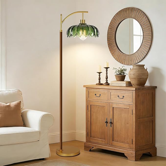 ILLMTW Wood Floor Lamp for Living Room,Bedroom,Glass Mid Century Modern Standing Lamp with Remote Dimmable,Vintage Gold Arc Tall Lamp Green Flower Lamp Shade Floor Lights Boho Bohemian Tiffany Style