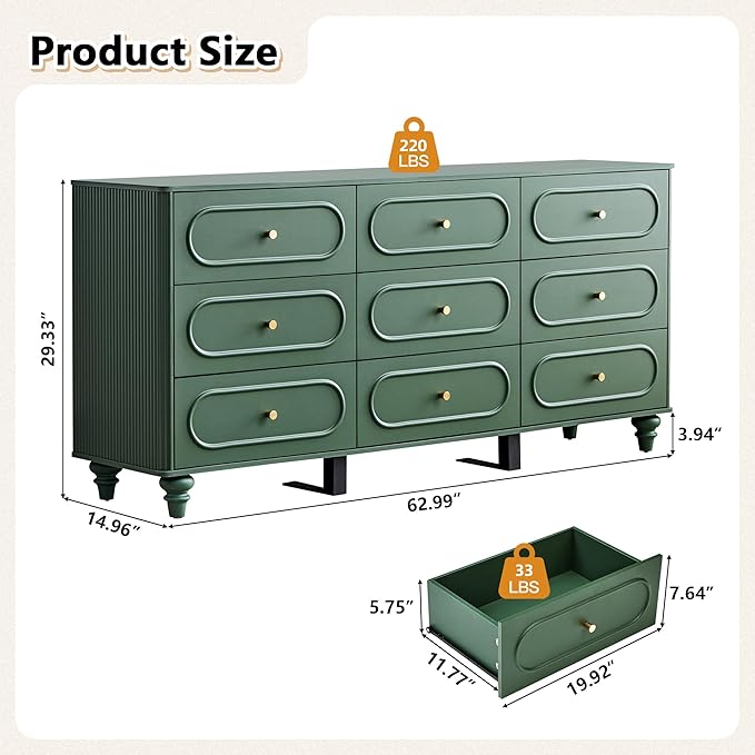 ORRD 9 Drawer Fluted Dresser for Bedroom, Mid Century Modern Chest of Drawers, Wood Storage Small Dresser Organizer for Bedroom Living Room Hallway Closet, Green