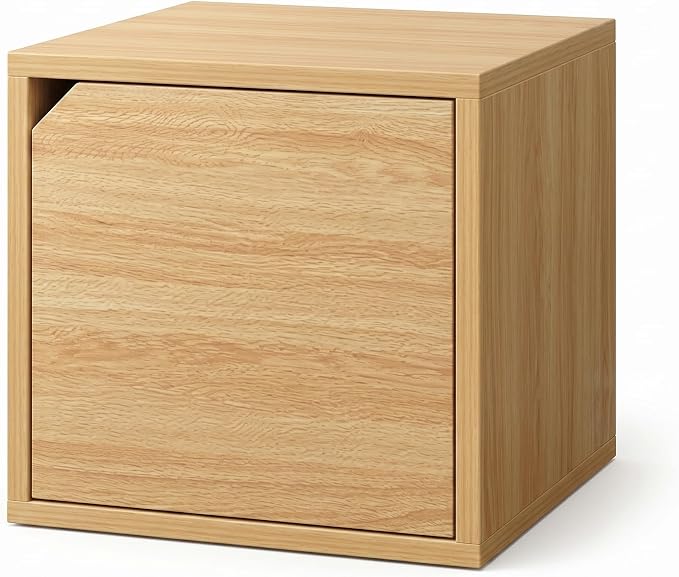 Modular Storage Cube with Door, 11.8" x 11.8" [30 x 30 x 30cm] Multipurpose Wooden Bookshelf and Closet Organizer, Stackable Shelving Unit with Optional Removable Interior Shelf (1, Woodgrain)