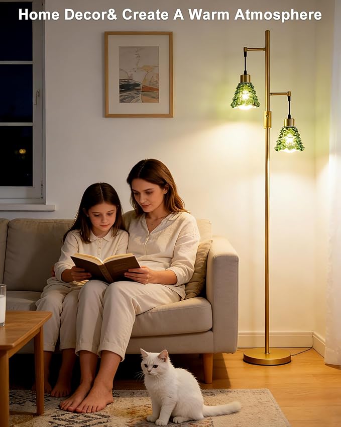 2-Light Modern Glass Floor Lamp, Gold Standing Tall Lamp with Green Shell Glass Shade, Dimmable LED Floor Lamp with 5Lbs Heavy Base for Living Room Bedroom Home Decor, Bulb Included