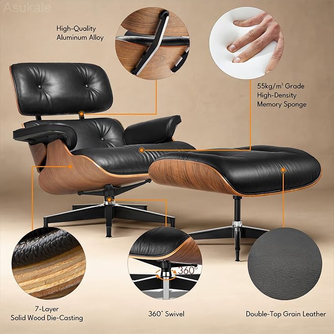 Black PU Leather, Mid Century Chaise Lounge Chair Indoor, Chair with Ottoman, Reading Chair, Leather Accent Chair, Modern Arm Chair, Classic Design, Heavy Duty Base Support for Living Room, Walnut