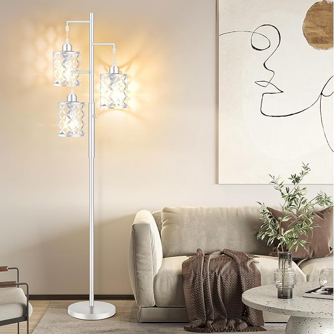 Dimmable Floor Lamp, Farmhouse Standing Lamp with Elegant Metal Cage, Industrial Tall Tree Floor Lamps for Living Room, Bedroom, Study Room, Office, 3 x 800LM LED Bulbs Included, 72",Silver