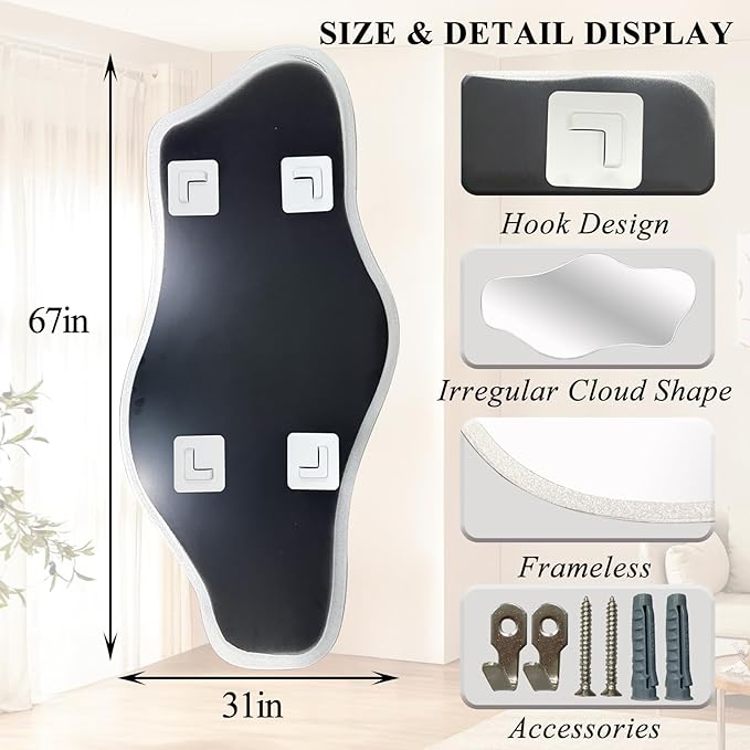 DAOYUIAJU Irregular Full Length Mirror, 67"x31" Silver Asymmetrical Tempered Glass Mirror, Large Frameless Organic Mirrors for Entryway Hallway Bedroom Living Room, Horizontal or Vertical Hanging