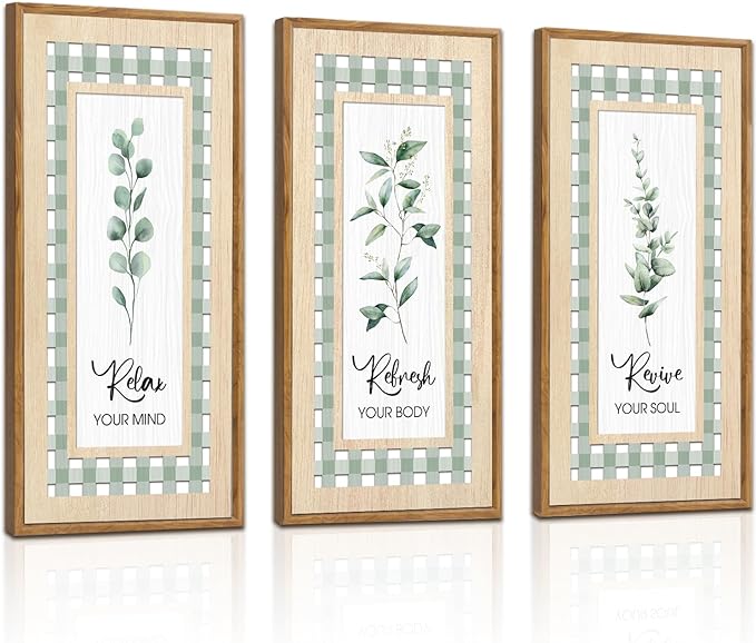 IARTTOP Sage Green Bathroom Wall Art Set of 3 Eucalyptus Leaf Wall Decor Relax Refresh Revive Bathroom Hanging Decor Light Green Botanical Plant Art Painting Framed for Farmhouse Living Room Office 8x16Inch