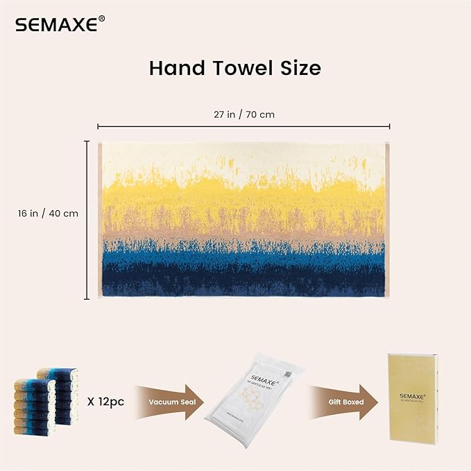 SEMAXE Hand Towels for Bathroom, 100% Cotton Towels with Hanging Loops, Soft & Highly Absorbent, 12 Pack Hand Towel Set for Gym, Shower, Hotel, Spa and Kitchen, Colorful Towel - Beach Collectio