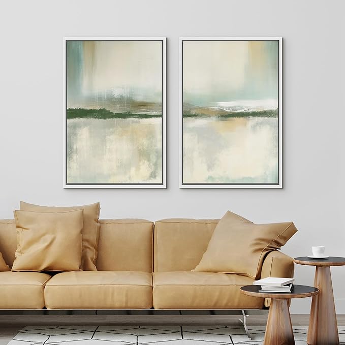IDEA4WALL Framed Canvas Print Wall Art Set Serene Lake Landscape Abstract Illustrations Modern Art Decorative Coastal Cottage Seascape for Bedroom - 24"x36"x2 White