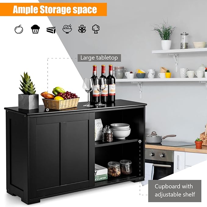 Sideboards Buffet Cabinet with Storage, Sliding Door Coffee Bar, Console Table with Adjustable Shelf, Credenzas for Living Room, Stackable Kitchen Cupboard for Dining Room (Black)