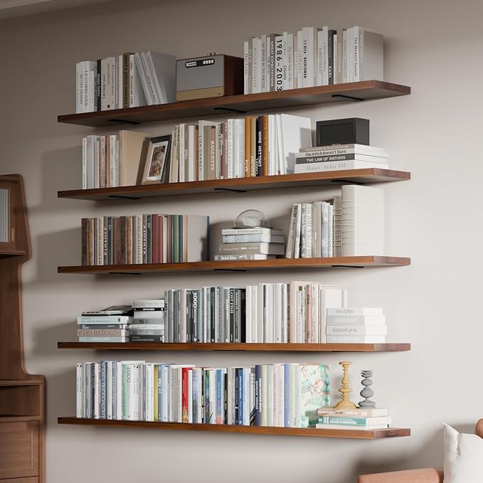 5 Tier Book Shelf,60 inch Long Floating Shelf for Wall,Adjustable Large Bookcase,Wall Mounted Bookshelf for Living Room