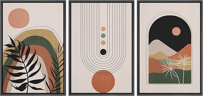 wall26 Framed Canvas Print Wall Art Set Boho Mid-Century Geometric Desert Plant Landscape Nature Abstract Illustrations Modern Bohemian Decorative for Living Room, Bedroom, Office - 24"x36"x3 Black
