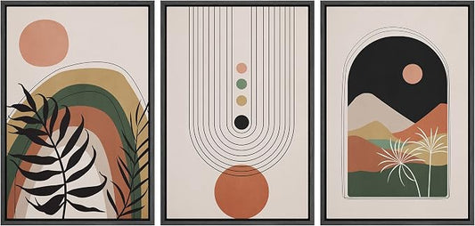 wall26 Framed Canvas Print Wall Art Set Boho Mid-Century Geometric Desert Plant Landscape Nature Abstract Illustrations Modern Bohemian Decorative for Living Room, Bedroom, Office - 16"x24"x3 Black