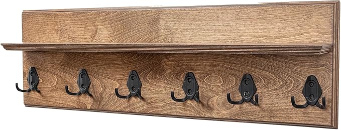 Rustic Wall Mounted Coat Rack with Shelf Wooden Entryway Organizer with 5 Metal Hooks for Coats Hats Towels Keys Floating Storage Shelf for Bathroom Bedroom (Walnut, 24 inch (5 Hooks))