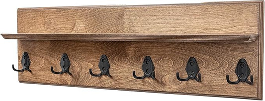 Rustic Wall Mounted Coat Rack with Shelf Wooden Entryway Organizer with 5 Metal Hooks for Coats Hats Towels Keys Floating Storage Shelf for Bathroom Bedroom (Walnut, 24 inch (5 Hooks))