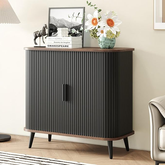 Accent Cabinet with Sliding Doors - Black Sideboard Buffet Cabinet with Storage for Coffee Bar, Console Table - MCM Design Bar Cabinets for Modern Home Décor Set 3