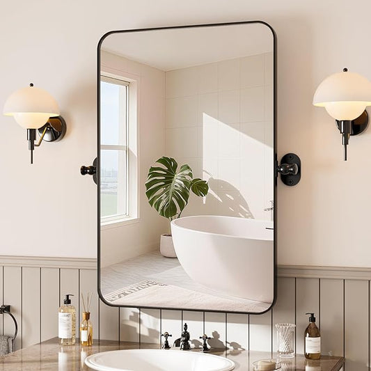 Pivot Mirror 24x36 Adjustable Tilting Rectangle, Matte Black Metal Frame Bathroom Vanity Mirror, Horizontal/Vertical Mount, HD Shatterproof Glass for Farmhouse/Modern Bathroom Over Sink