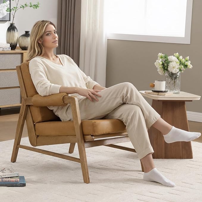 CIMOTA Mid Century Modern Accent Chair, Leather Upholstered Living Room Chairs with Arms, Comfy Reading Chair with Solid Wood Frame, High Back for Bedroom, Waiting Room, Office, Brown