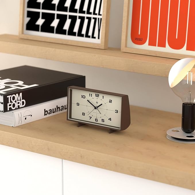 NEWGATE® Wideboy Alarm Clock | Rectangular Retro Design | Mocha Brown | Mid-Century dial | Ideal for Bedside, Desk, Mantel or Shelf | Retro Bedroom & Office Accessory