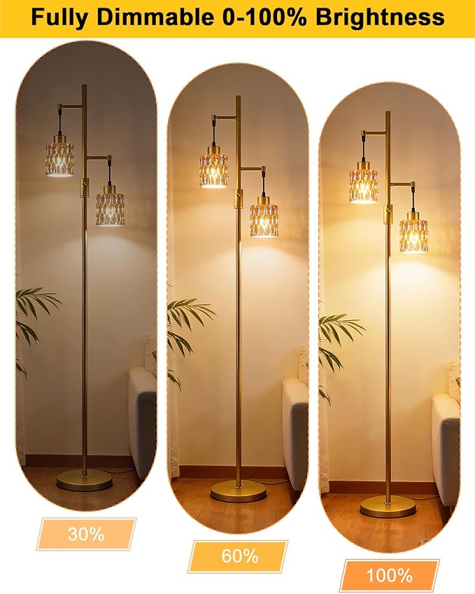2-Light Glass Floor Lamp, 65IN Tall Standing Lamps Dimmable with Amber Glass Lampshade, 3000K Warmwhite Mid Century Modern Floor Lamp with 5Lbs Heavy Base for Living Room/Bedroom