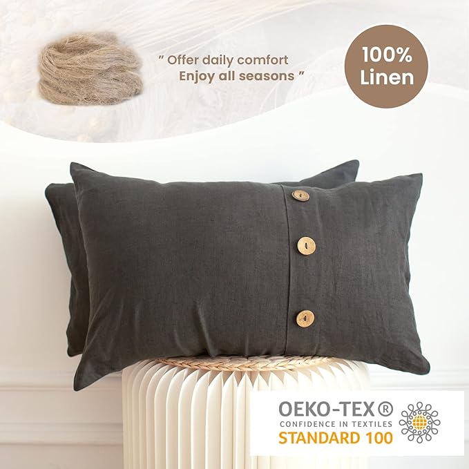 Simple&Opulence 100% Linen Lumbar Pillow Cover 12 x 20 Inch Set of 2 Rectangular Decorative Pillow Cover with Vintage Triple Coconut Button for Couch Sofa Bed Living Room Office Décor - Dark Grey