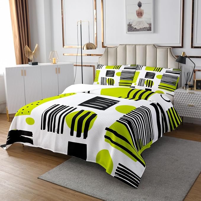 Erosebridal Geometric Stripe Circle Square Bedspread Queen Size Modern Mid Century Quilt Set, Hippie Minimalist Coverlet Set Fifties Retro Old Fashion Bedding Set, Black Green White Bed Cover