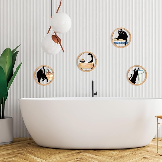 HPNIUB Funny Bathrooms Wall Decor, Black Cats In the Bath Wood Sign, 4 Pieces 10''x10'' Farmhouse Wooden Hanging Sign for Toilet Powder Room Restroom Wall Decoration, Lovely Cat Gifts