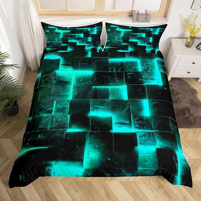 Erosebridal 3D Geometric Bedding Sets Full Abstract Aesthetic Comforter Cover Black and Teal Bed Set Glowing Futuristic Cubes Full Duvet Cover, Neon Grid Quilt Cover (Black Reversible)