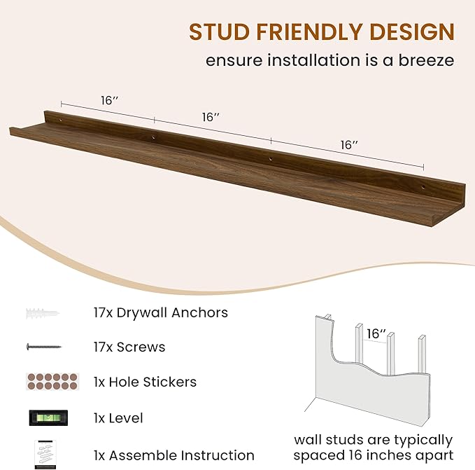 Axeman Picture Ledge Shelf, Floating Shelves for Wall Decor Storage Set of 6, 55 inch Floating Wall Mounted Shelves, Shelves with Lip for Living Room, Bedroom, Nursery, Bathroom, Kitchen, Walnut