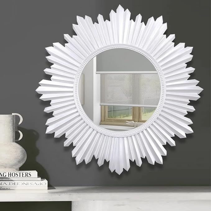 Armanda Collection Sunburst Round Wall Mirror Handmade Resin Frame Decorative Home Accent (Pearl) 47x47 cm / 18.5x18.5 Inches