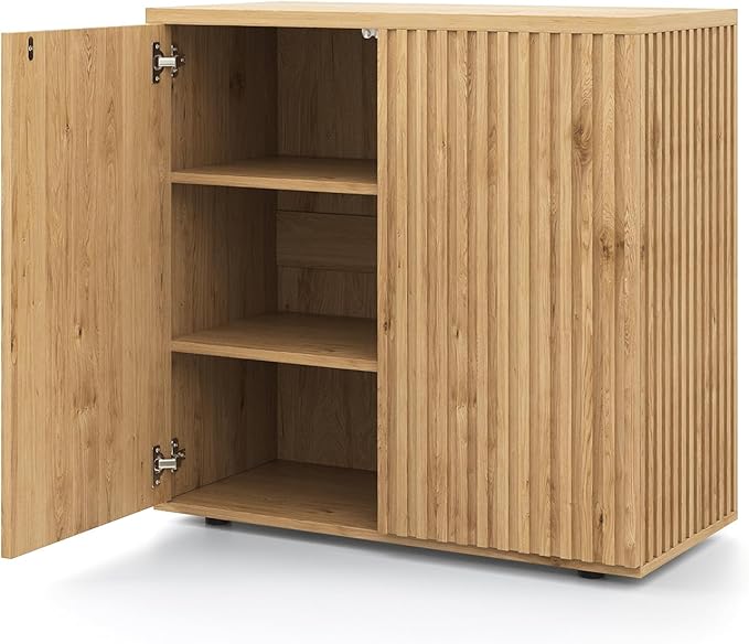 Rophefx Fluted Sideboard Cabinet, 126" Buffet Cabinet with Storage, Credenza Storage Cabinets with Adjustable Shelf, Wood Entryway Cabinets with Pop-up Doors for Living Room, Entryway, Hallway, Oak