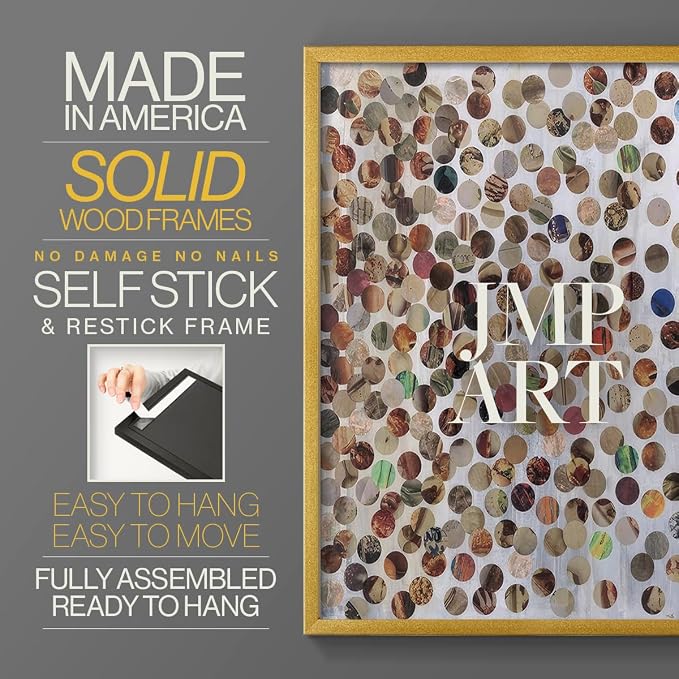 Renditions Gallery Set of 2 Peel & Stick Framed Prints, Textured Abstract Wall Art, Scattered Circular Cutouts Wall Decor, Re-Stickable - Ready to Hang - 8"x10" - GOLD Frame LT588