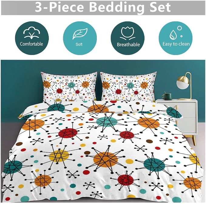 Mid Century Bedding Set,Modern Geometric Atomic Abstract Iconic Pattern 1950s 1960s Retro Style Comforter Set with Pillowcase for Bedroom Bed Decor,Full 79"x90"