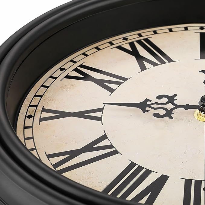 Plumeet Extra Large Retro Wall Clock, 16'' Non Ticking Classic Silent Vintage Wall Clocks Decorative Kitchen Living Room Bedroom, Roman Numerals, Battery Operated, Black